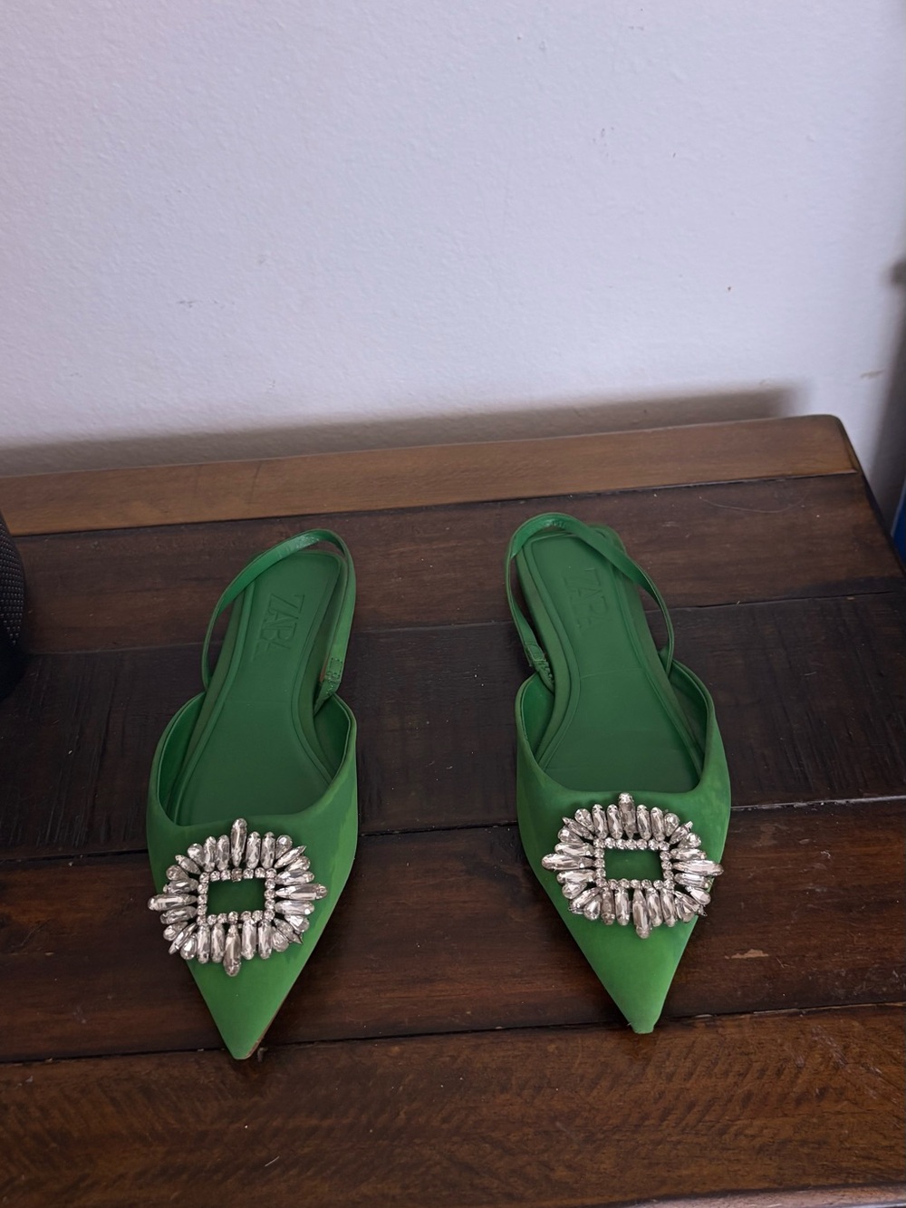 Zara Green Pointed Slingback Flats with Crystal Embellishment